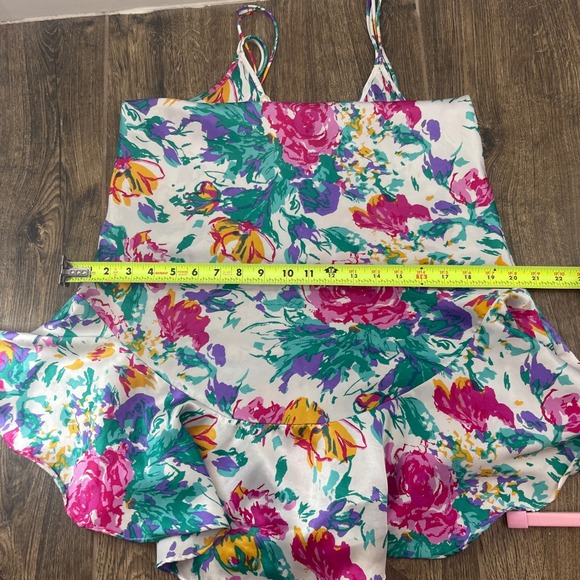 Vintage Cinema Etoile 80s Floral Satin Slip Dress Lace Trim Ruffle Hem Maxi - Picture 9 of 10